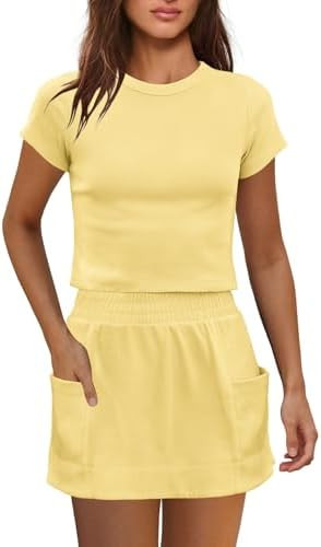 Nirovien Womens 2 Piece Skirt Sets Two Piece Workout Sets Summer Beach Vacation Outfits Short Sle... | Amazon (US)