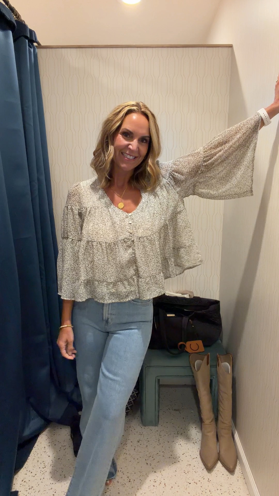 Flowy feminine top that would look great with black leather pants too!! True to size - wearing a size small. ￼

#LTKmomlife #LTKOver40