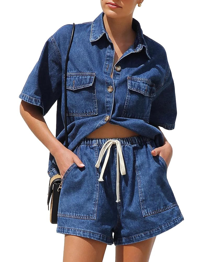 SOMTHRON Women's Summer Denim 2 Piece Outfits Short Sleeve Button Down Shirt Elastic Waist Jean S... | Amazon (CA)