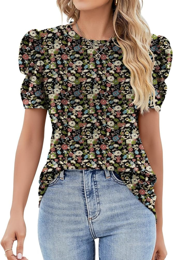 Ivicoer Puff Short Sleeve Shirt for Women Eyelet Tops Summer Crewneck Blouse Loose Fit S-XXL | Amazon (US)