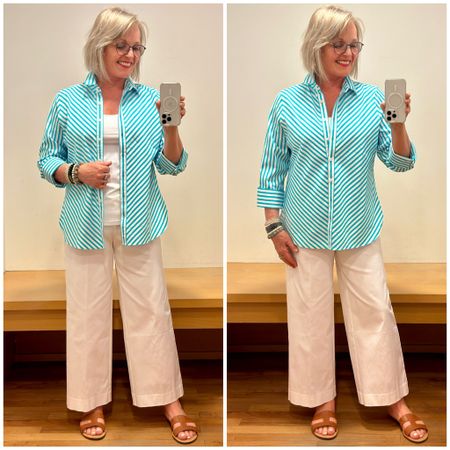 No iron striped shirt and stretchy wide leg crops from Chico’s. Perfect for travel. 
Wearing 1 in shirt and .5 in pants  
Summer outfit sizes up to small to plus

#LTKOver40 #LTKMidsize