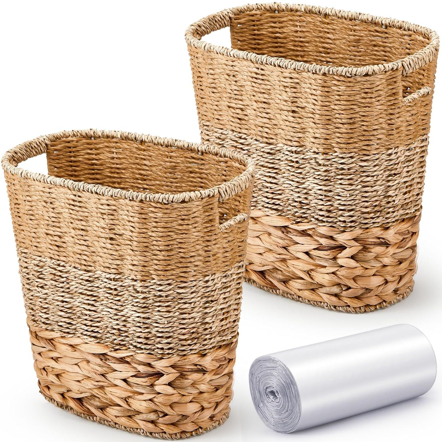 2 Pcs Wicker Trash Can with 50 Small Trash Bag Wicker Waste Woven Basket with Handles Clear Multi... | Amazon (US)