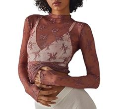 KMBANGI Women's Mesh Long Sleeve Top Mock Neck Sheer Blouse Floral Lace Layering Tops Y2k See Thr... | Amazon (US)