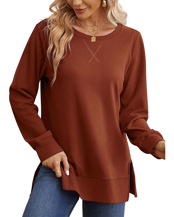 Saloogoe Sweatshirt for women Side Split Oversized Tops Fashion 2023 Long Sleeve Shirts Trending ... | Amazon (US)