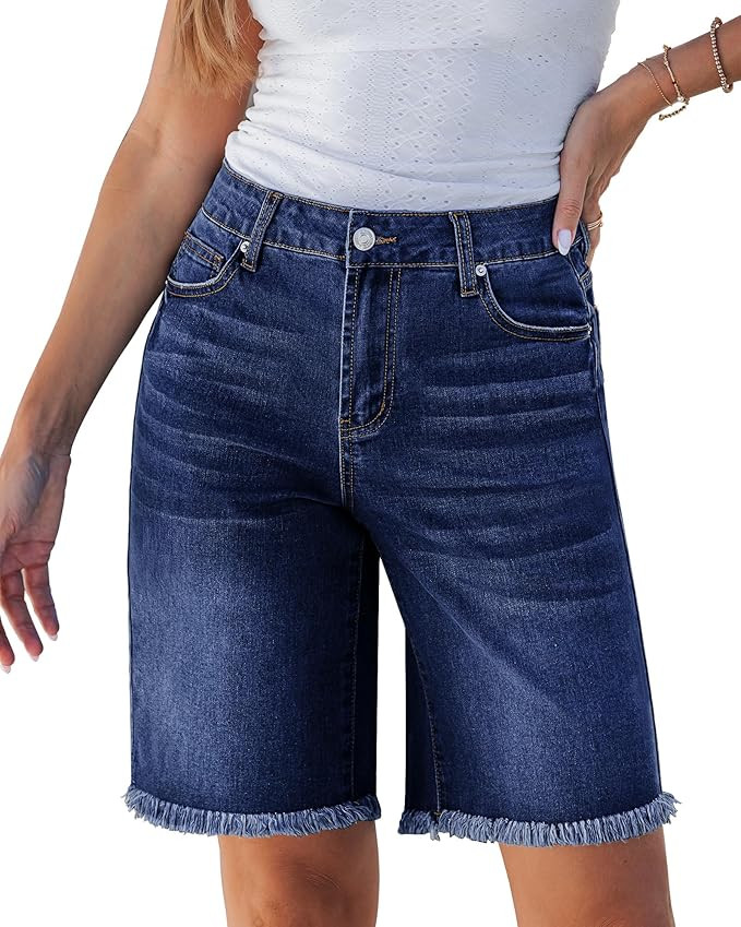 luvamia Jean Bermuda Shorts for Women Trendy Mid Rise Raw Hem Knee Length Stretchy Denim Long Sho... | Amazon (US)
