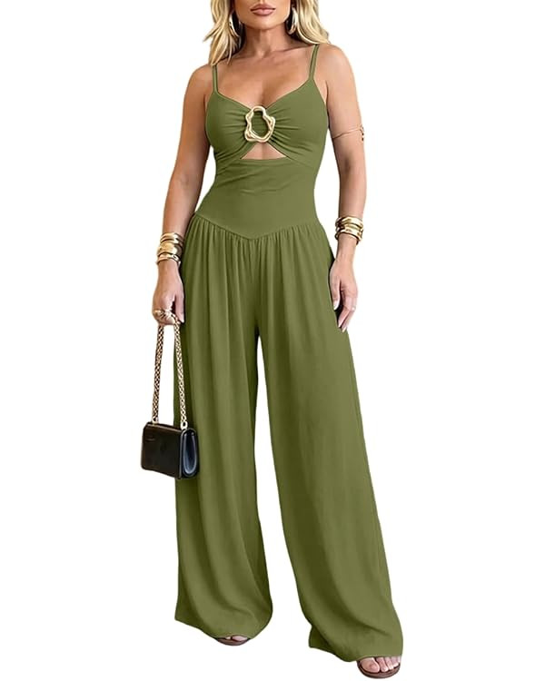 Women Hollow Out Wide Leg Jumpsuit V-Neck Backless Adjustable Spaghetti Romper Party Outfit with ... | Amazon (US)