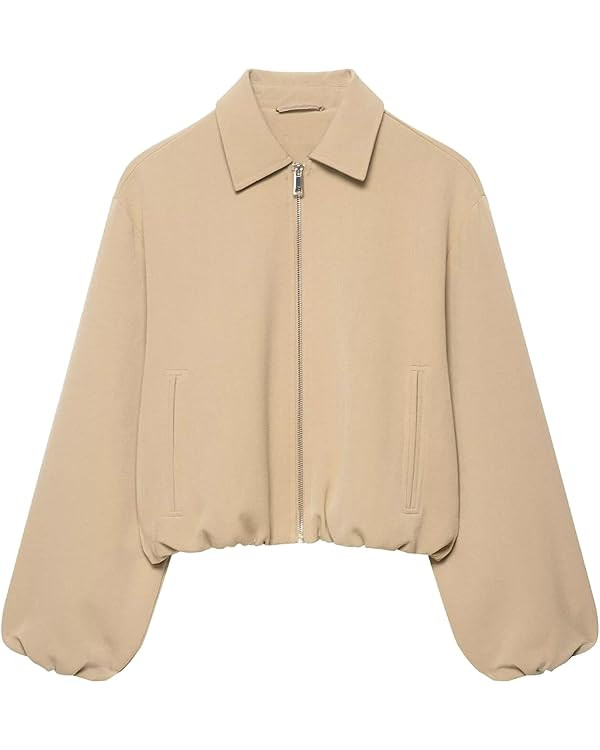 Xunger Women’s Cropped Bomber Jacket Puffed Sleeves Zip Up Trendy Casual Streetwear Outerwear w... | Amazon (US)