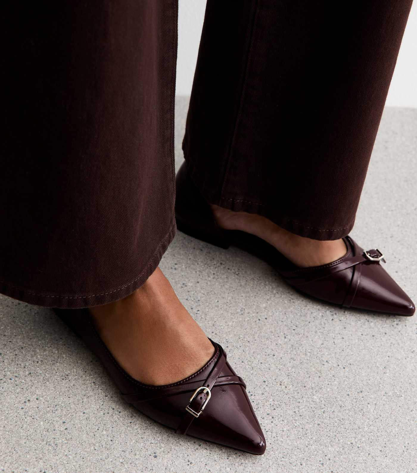 Dark Burgundy Patent Faux Leather D'Orsay Buckle Detail Flats | New Look | New Look (UK)