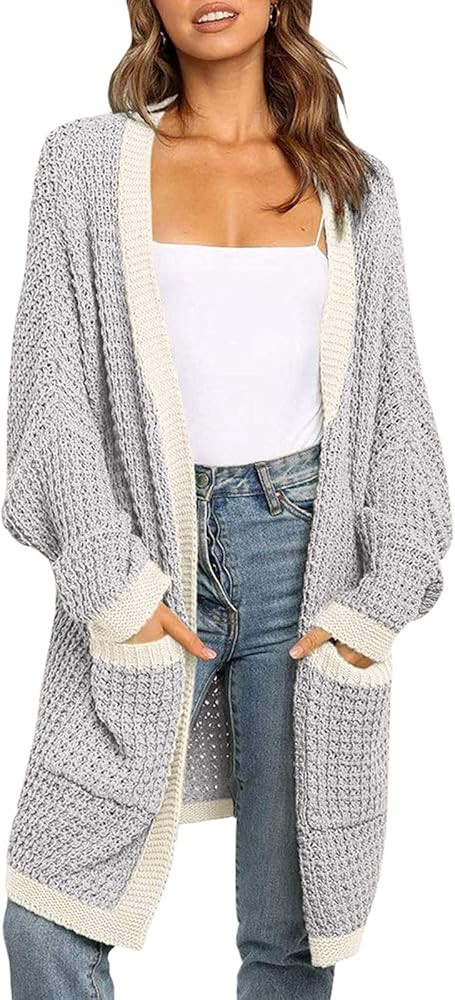 ZESICA Women's Long Batwing Sleeve Open Front Chunky Knit Cardigan Sweater with Pockets | Amazon (US)
