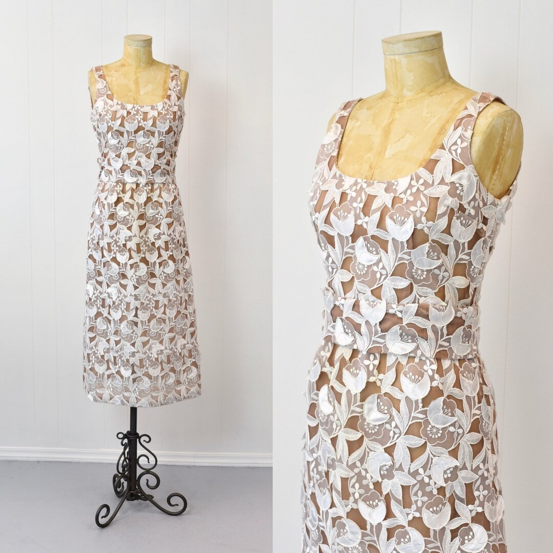 1960s White & Beige Nude Floral Embroidered Party Bridal Dress With Belt - Etsy | Etsy (US)