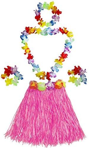 Fortuning's JDS Girl's Elastic Hawaiian Hula Dancer Grass Skirt with Flower Costume Set -Pink | Amazon (US)