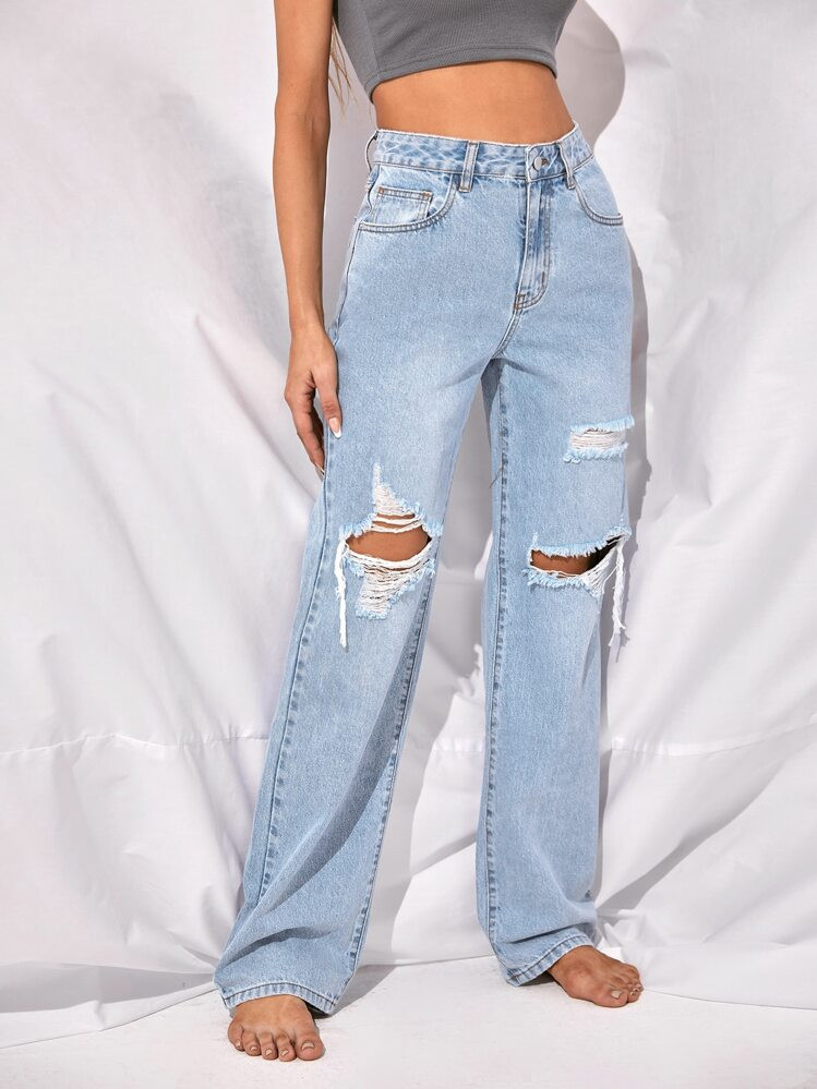 High Waist Ripped Straight Leg Jeans | SHEIN