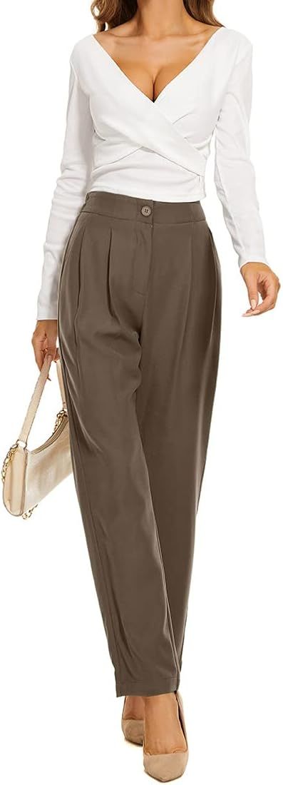 FUNYYZO Womens Casual High Waist Pants Long Straight Leg Trousers Solid Work Pants | Amazon (US)