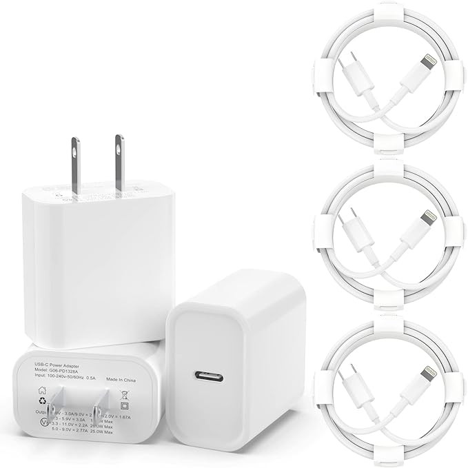 3 Pack iPhone Fast Charger [Apple MFi Certified], 20W PD USB C Wall Charger Adapter with 3 Pack 6... | Amazon (US)