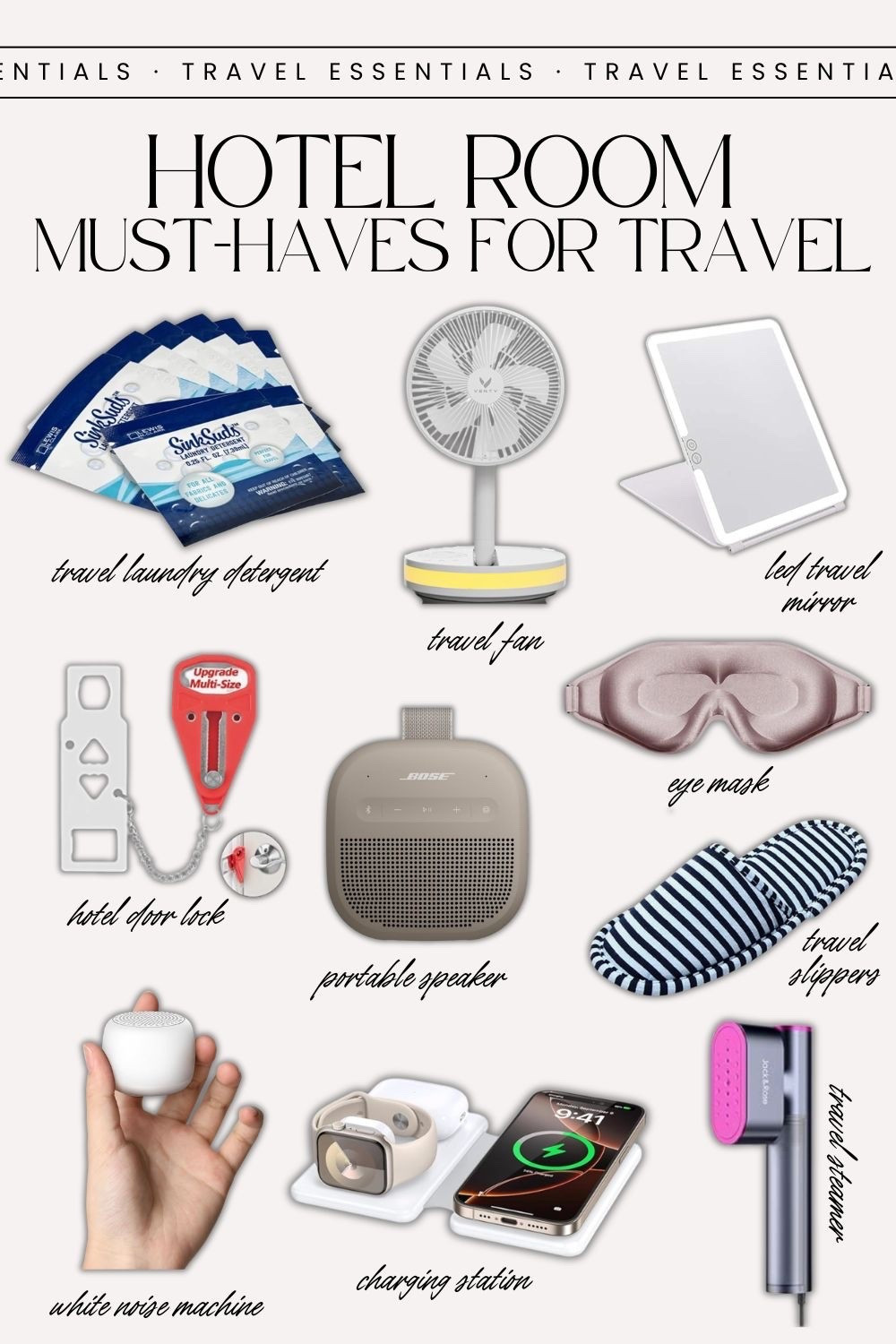 Hotel room travel essentials for your next getaway ✈️

Travel laundry detergent | travel fam | led travel mirror | hotel door lock | portable speaker | sleep mask | slipper | white noise machine | travel wireless  charger | travel steamer

#LTKTravel