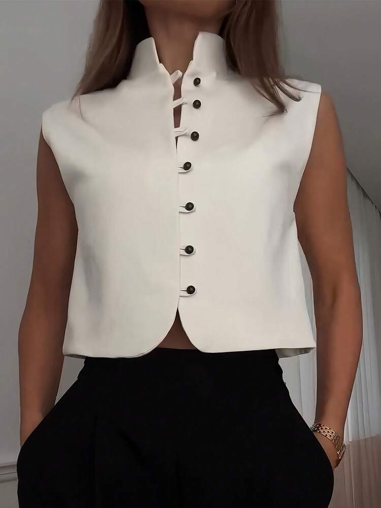 Women's Elegant Sleeveless Double-Breasted Woven Top, Solid Color, Summer Casual White | SHEIN