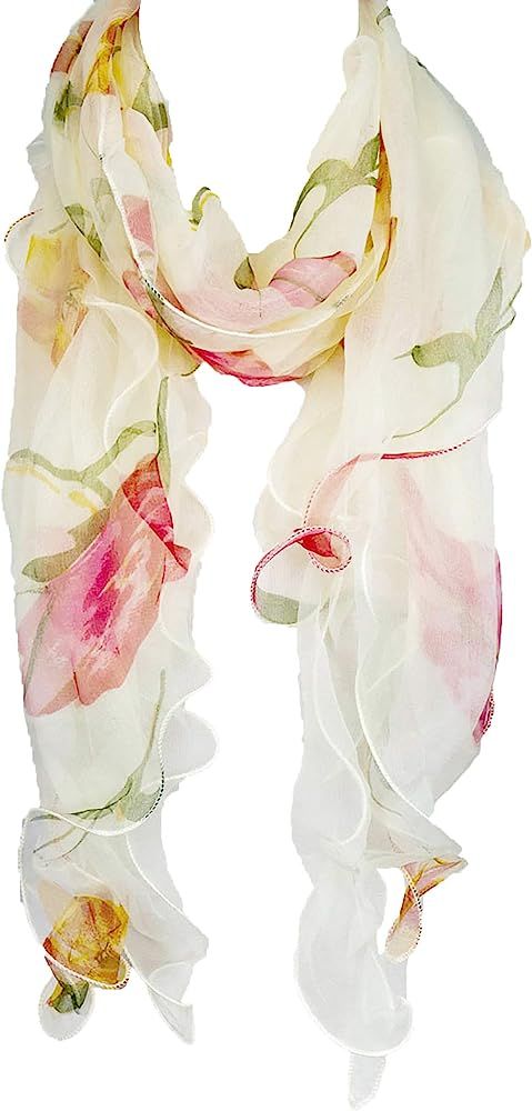 Double Layer Silk scarf, Floral Ruffle Silk Scarf, Summer scarf | Amazon (US)