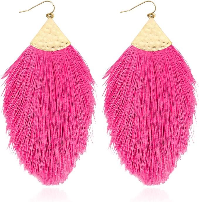 Bohemian Silky Thread Fan Fringe Tassel Statement Earrings - Lightweight Strand Feather Shape Dan... | Amazon (US)