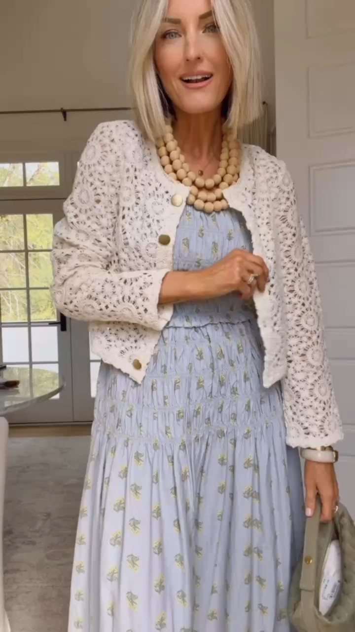 How fun is this cardigan and maxi dress combo?! I am loving the crochet detail on this paired with the soft blue smocked maxi dress. So flattering and perfect for any spring outing! Wearing XS! 

Loverly grey, spring outfit ideas, how to style floral maxi dress, loft, raffia jewelry, spring cardigan layering 

#LTKWorkwear #LTKSeasonal