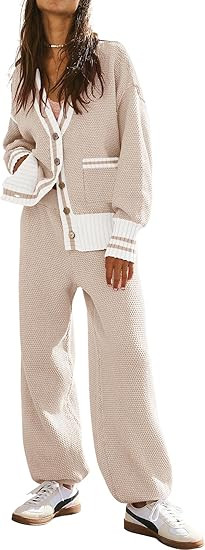 ETCYY NEW Women's 2 Piece Outfit Lounge Set Trendy Cardigan Sweater Pants Sets V Neck Button Pock... | Amazon (US)