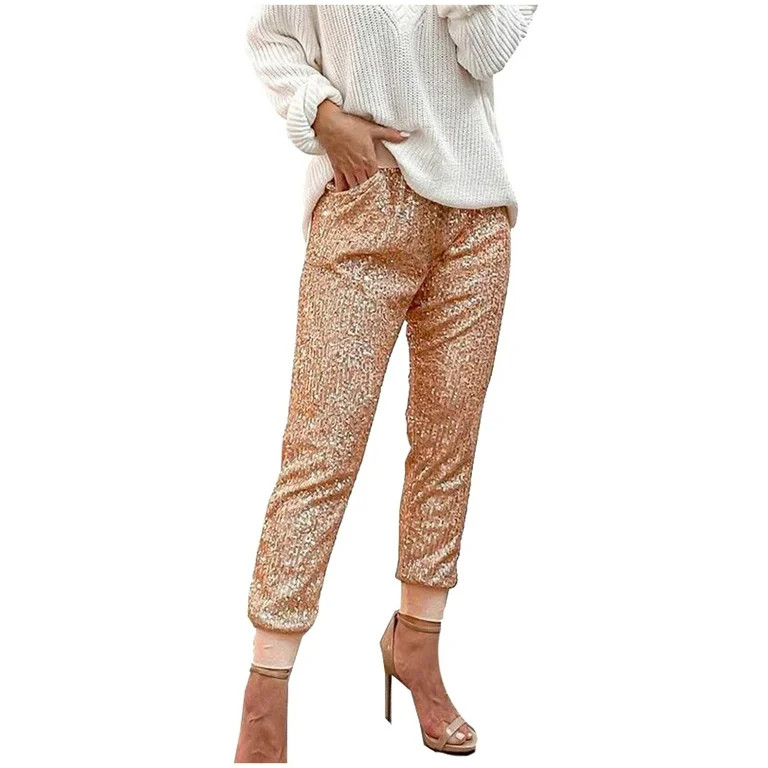 OGLCCG Womens Casual Sparkly Sequin Pants Elastic Waist Glitter Joggers Pants Bling Party Loose F... | Walmart (US)