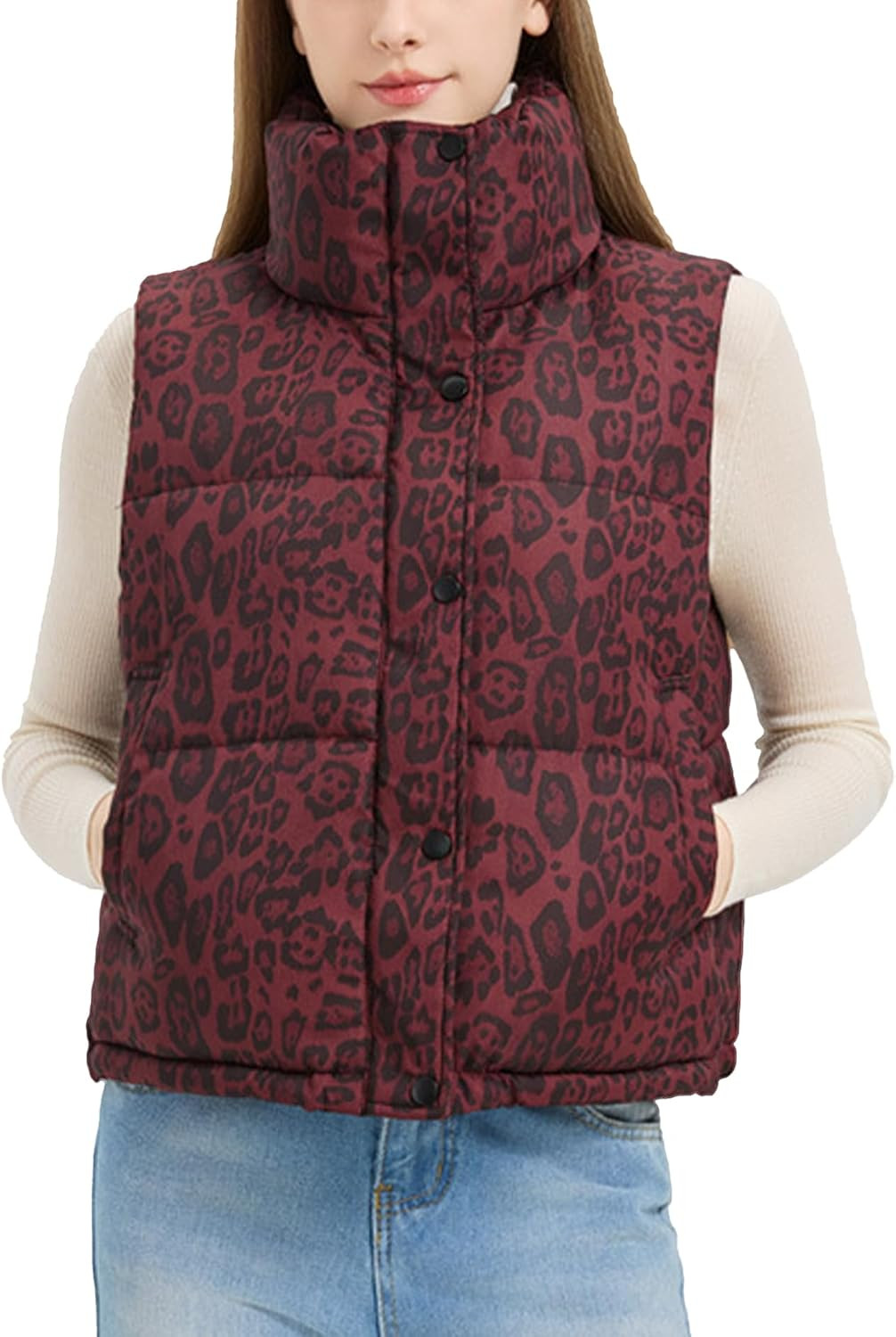 Womens Leopard Puffer Vest Stand Collar Sleeveless Quilted Vest Trendy Cheetah Vest Padded Jacket Coat with Pockets | Amazon (US)