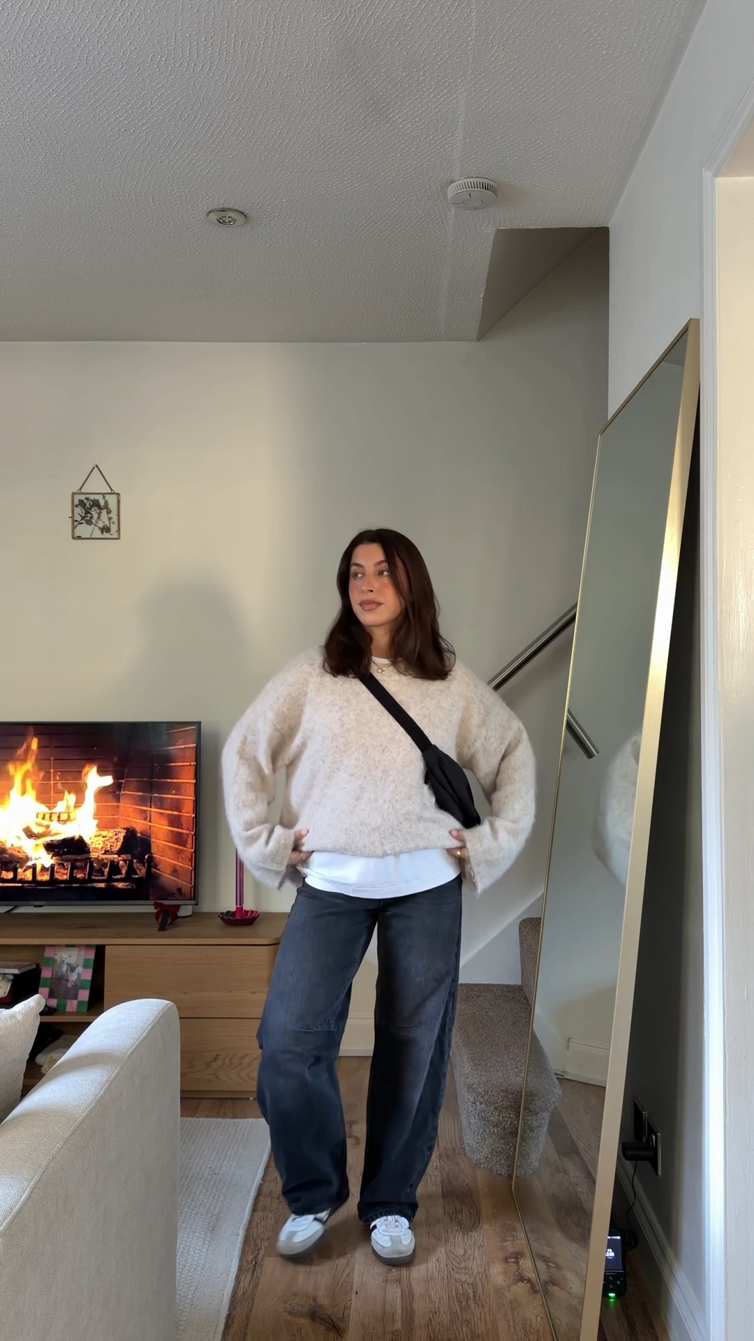 Petite outfit, knit jumper, oversized jumper, beige, cream, black jeans, barrel jeans, petite jeans hack, white tshirt, simple outfit, casual, chic, easy, street style, wardrobe, basics, cross body bag, asos, topshop, adidas

#LTKwinter #LTKpetite #LTKuk