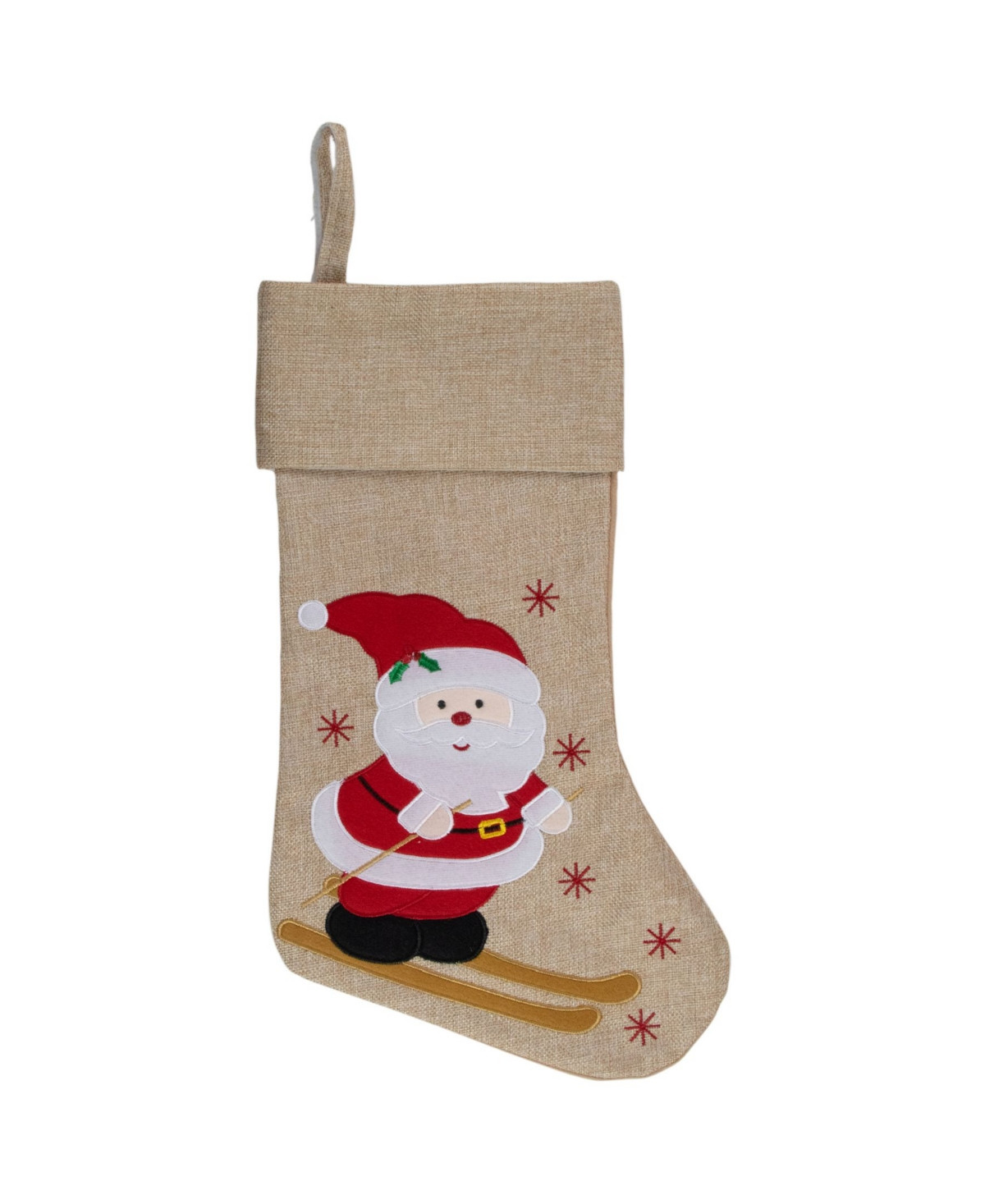 19" Burlap Skiing Santa with Poles and Snowflakes Christmas Stocking - Beige | Macy's