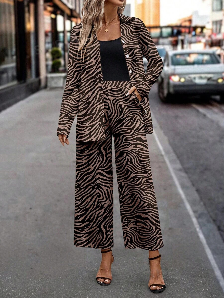 SHEIN Clasi Casual Women's Leopard Print Long Sleeve Top And Pocketed Long Pants 2pcs Set, Suitab... | SHEIN