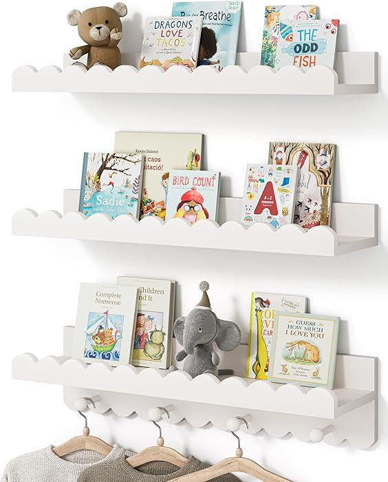 Amazon.com: G&W Gruwald Nursery Book Shelves, Scalloped Shelves with Coat Hooks, Set of 3, Nursey... | Amazon (US)