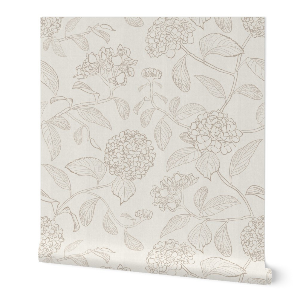 Wallpaper in Large scale white and beige traditional neutral trailing floral hydrangea | Spoonflower