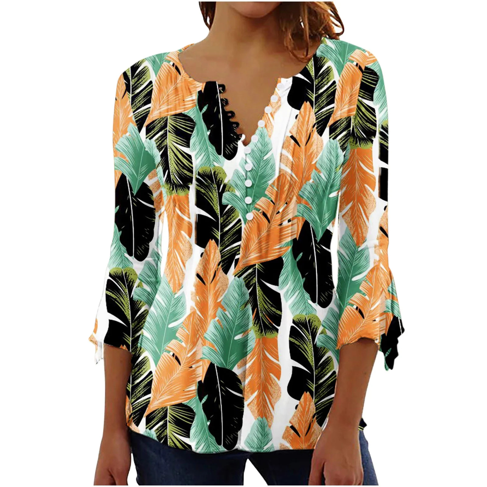 Yxnmud Women‘s Summer Sexy Fold Printed Regular Women 3/4 Sleeves V Neck Button Tops Blouse | Walmart (US)