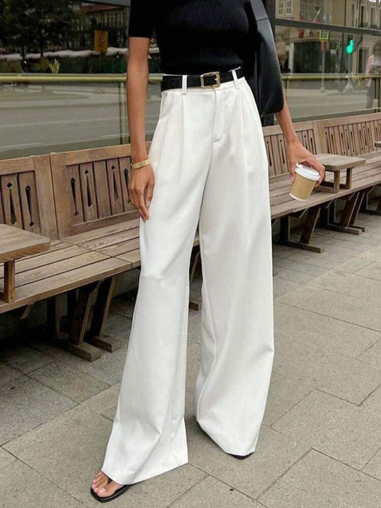 Women's High Waist Loose Business Casual Elegant Resort White Pants, Korean Style, No Belt, (Reco... | SHEIN