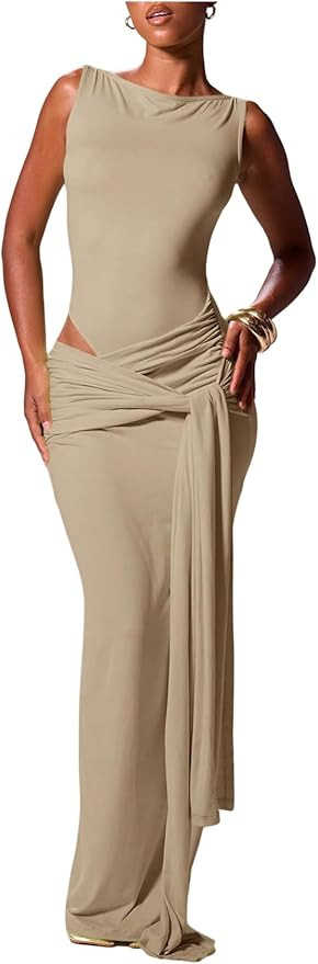 Amazon.com: Milumia Women's Knot Tie Front Ruched Maxi Dress Cut Out Boat Neck Sleeveless Wedding... | Amazon (US)
