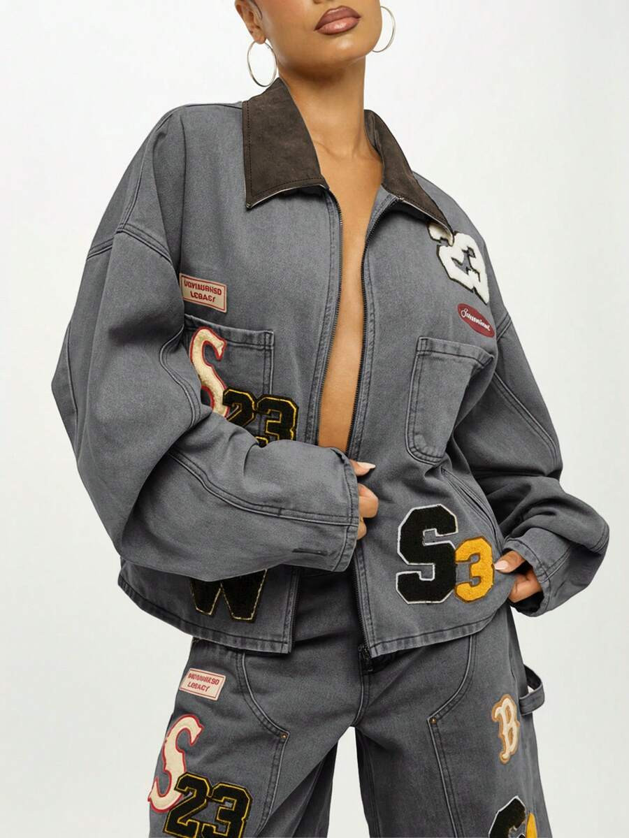 SUMWON WOMEN Oversized Denim Carpenter Jacket With Badge Details And Contrast Collar For Fall Win... | SHEIN