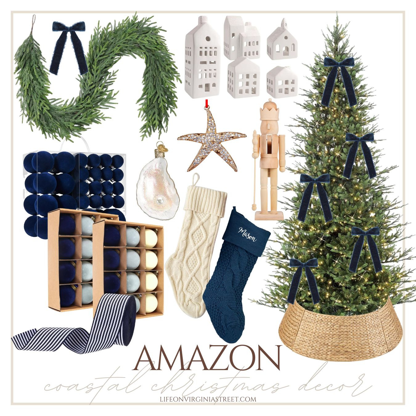 Chic and classic navy blue coastal Christmas decor - all from Amazon! velvet bows, garland, Christmas tree, woven tree collar, chunky knit stockings, preppy Christmas #ltkhome #ltkfindsunder50 #ltkfindsunder100 #ltkholiday #ltkgiftguide #ltkseasonal #ltkstyletip #ltkfamily 

 #LTKHoliday #LTKHome #LTKSaleAlert