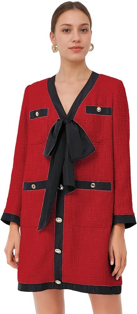 Women Tweed Bow Dresses V Neck Cardigan Elegant Long Sleeve Dress Button Down Back Zipper Sexy Bo... | Amazon (US)