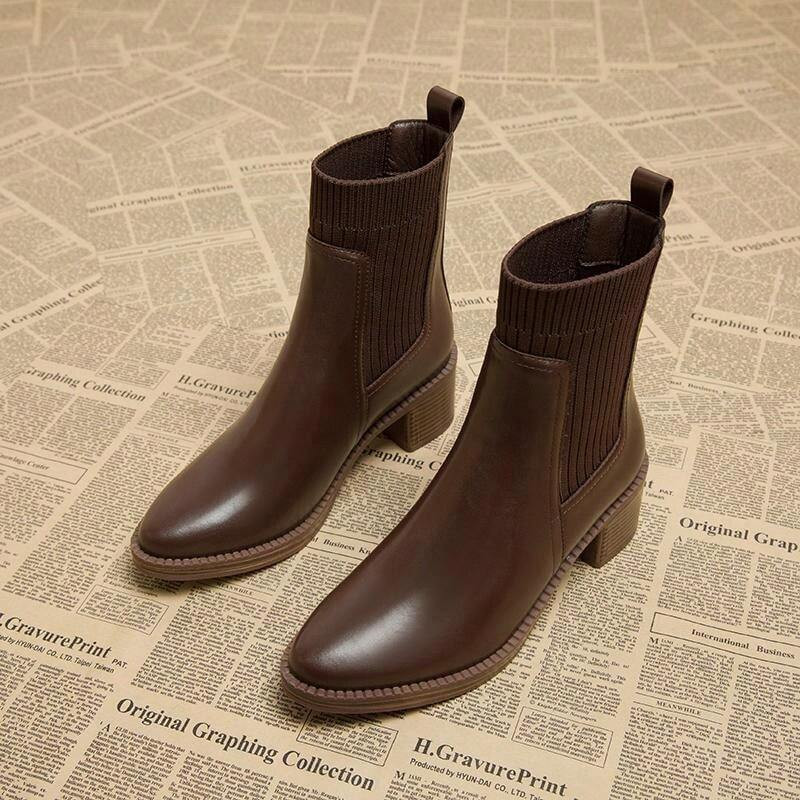 2 Colors 2024 Fall/Winter New Pointy Toe Short Boots For Women, Chunky Heel Thick Sole Slip-On An... | SHEIN