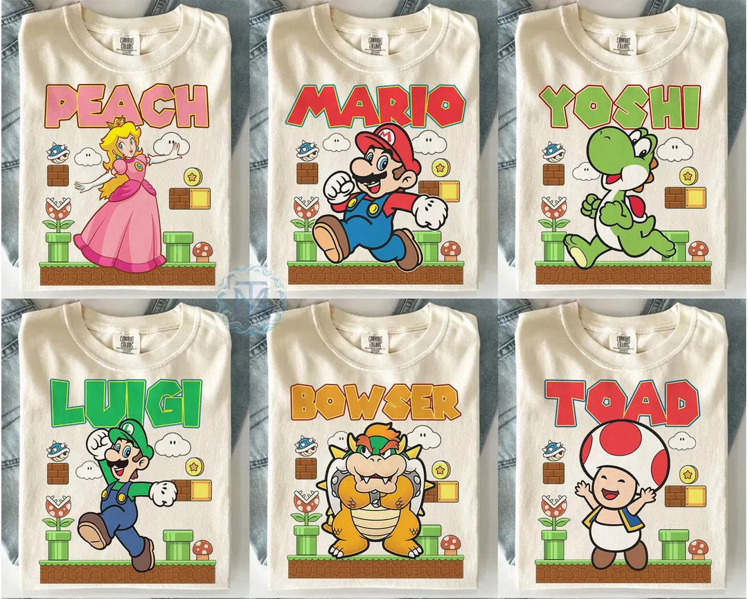 All Characters Super Mario Retro Shirt, Mario Water Color Nintendo World Family Group Shirt, Supe... | Etsy (Global)