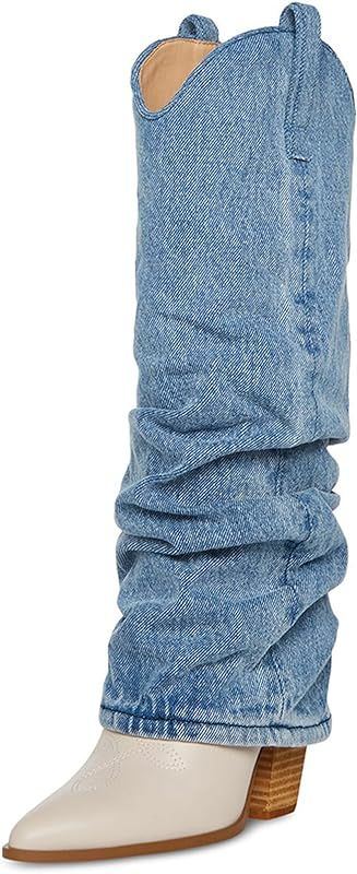 MUCCCUTE Women's Western Cowboy Denim Boots Fold-Over Cowgirl Knee-High Boots Pointed-Toe Block H... | Amazon (US)