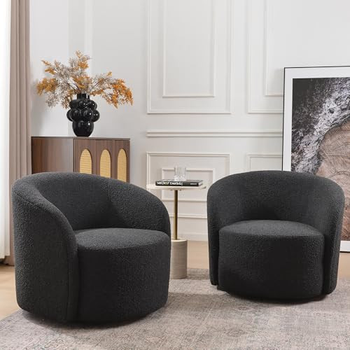 KINWELL 34" W Swivel Barrel Chair Set of 2, Mid Century Modern Round Upholstered Boucle Swivel Accent Chairs, No Assembly Sofa Chair for Living Room Bedroom Reading, Black | Amazon (US)