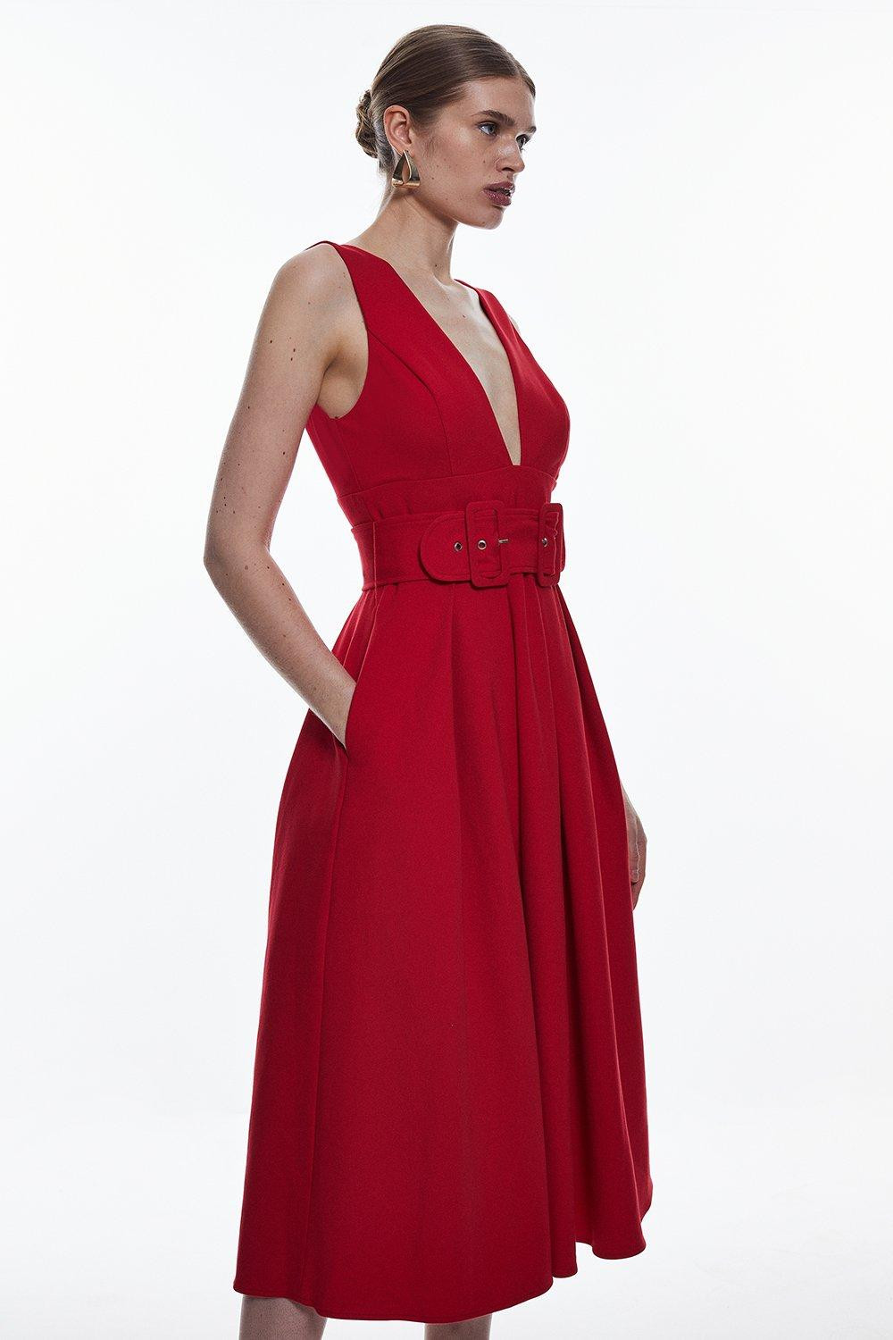 Ponte Deep V Belted Midi Dress | Karen Millen US