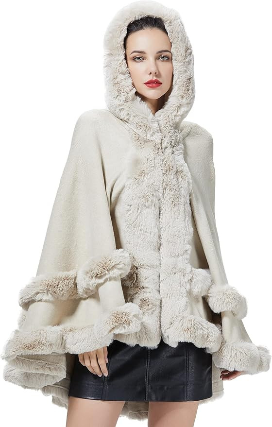 Women Hooded Poncho Cape Faux Fur Shawl Wrap with Fur Trim Sleeveless Cardigan Dressy Cloak Fashi... | Amazon (US)