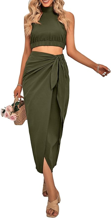 CFLONGE Women's 2 Piece Outfits Casual Sleeveless Halter Crop Top and Draped Ruched Skirt Solid S... | Amazon (US)