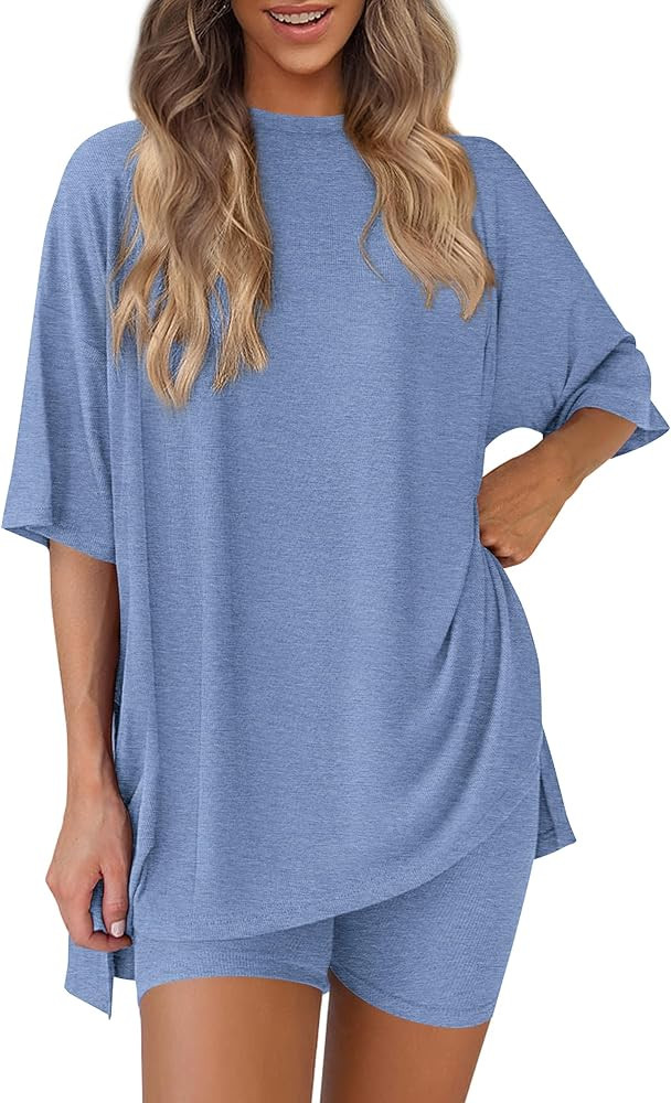 PRETTYGARDEN Women's Two Piece Lounge Set 2025 Summer Casual Oversized Shirts Biker Shorts Matchi... | Amazon (US)