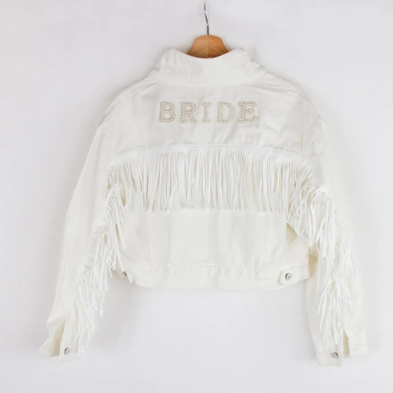 White Fringe Bride Pearl Patch Denim Jacket, Custom Bride Pearl Denim Jacket, Custom Bachelorette... | Etsy (US)