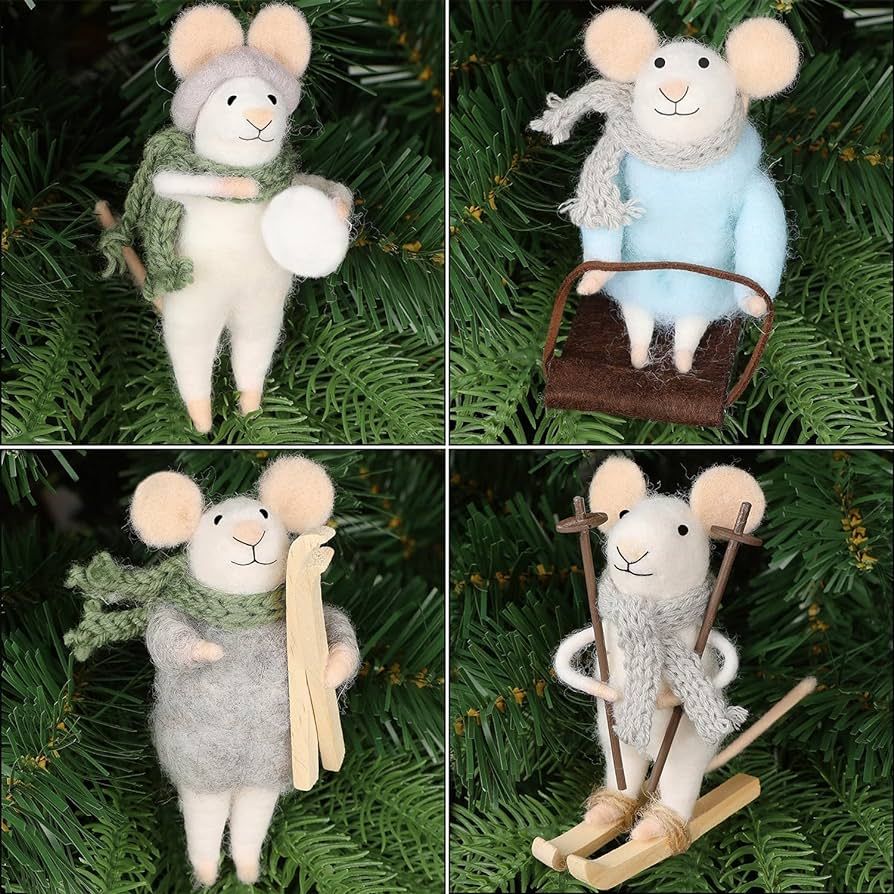 Juegoal Felt Skiing Mice Ornaments Set of 4, Winter Xmas Wool White Mouse Hanging Decor, Felt Ani... | Amazon (US)