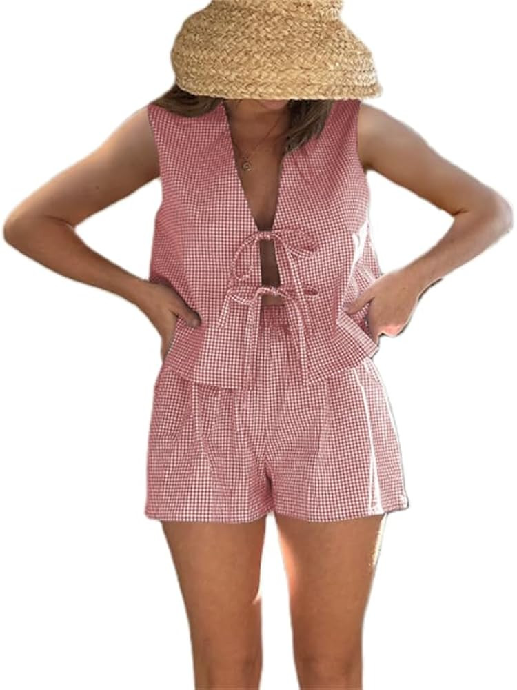 Women Casual Summer Lounge Set Y2k 2 Piece Outfits Set Sleeveless Tie Front Tank Top Vest Boxer S... | Amazon (US)