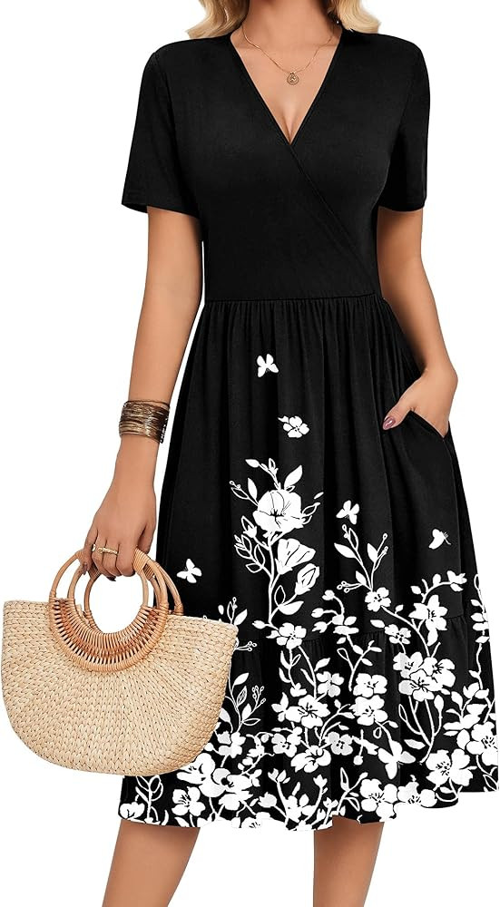 Zeagoo Womens Summer Casual Dresses Short Sleeve Midi Warp V-Neck Floral Dress with Pockets Tiere... | Amazon (US)