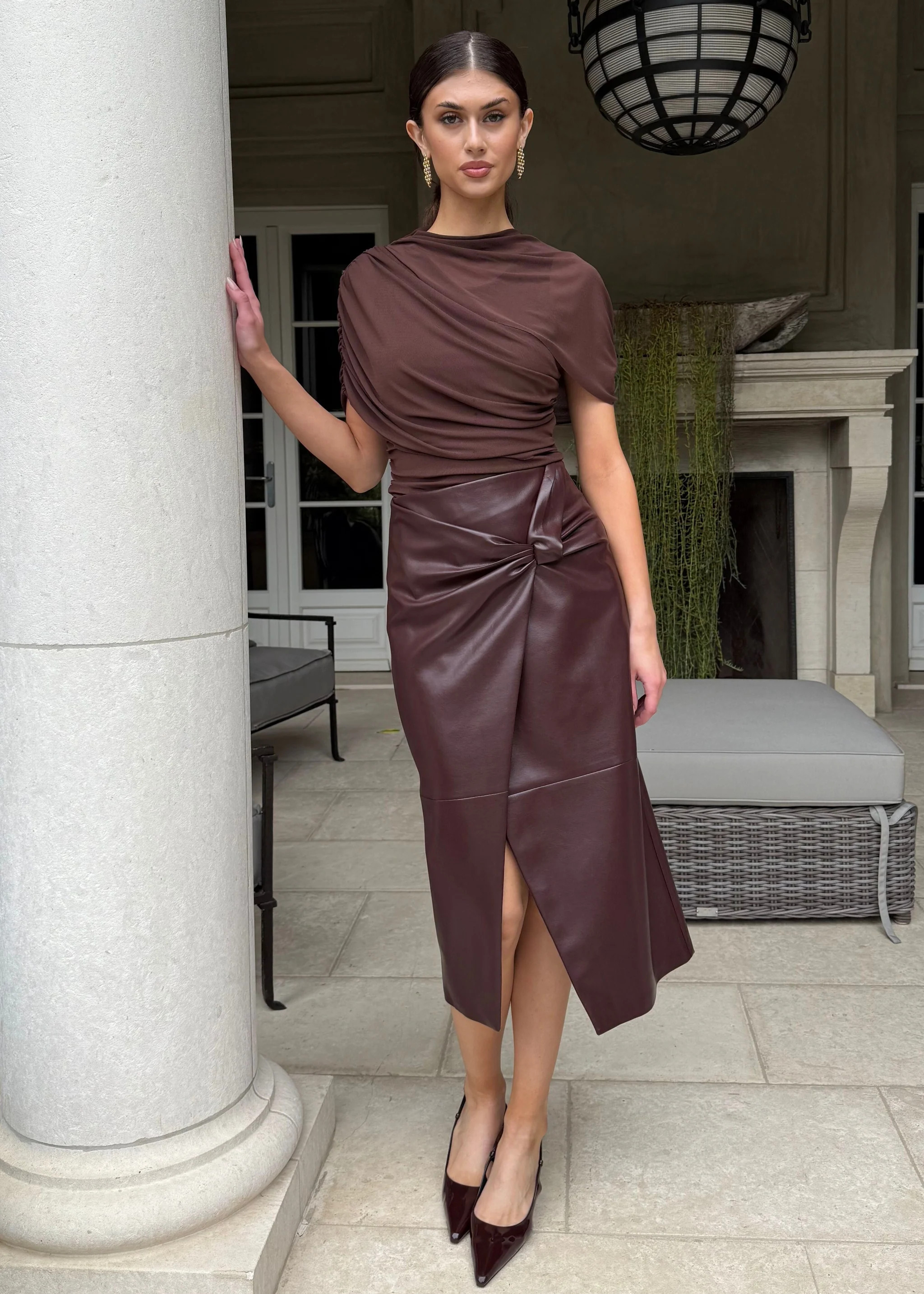 Kendra Knotted Wrap Style Vegan Leather Midi Skirt - Brown Burgundy | Benaar La